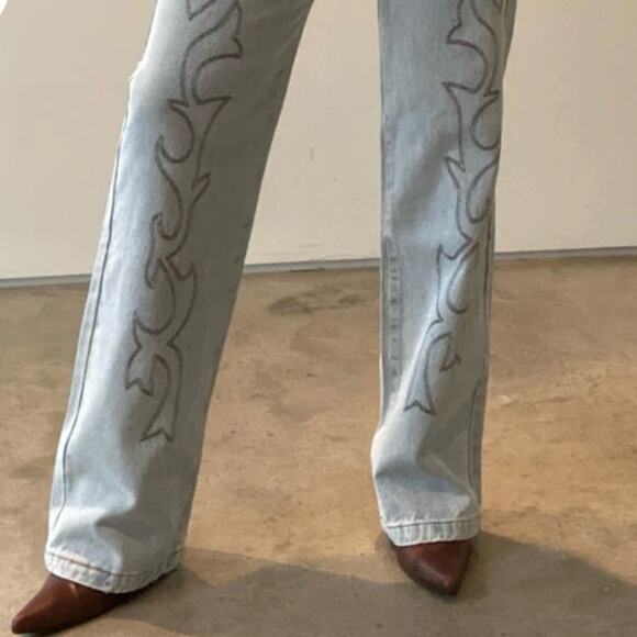 Et Clet Light Blue Straight Leg Jeans with Embroidered Design, Size Small - Picture 3 of 16